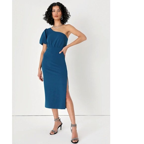 Lulus Ultimate Poise Teal Blue One-Shoulder Midi Dress Size XS NEW NWT - Picture 4 of 9